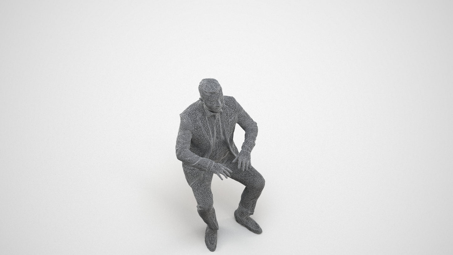 3D human model man business, photogrammetry scanned person for archviz, wireframe three-quarter view