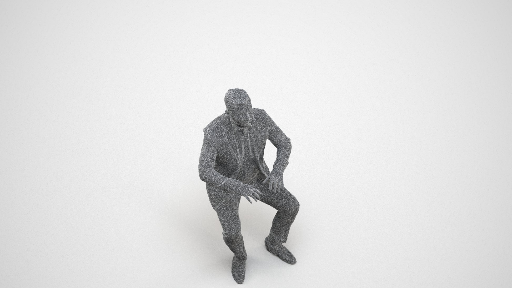 3D human model man business, photogrammetry scanned person for archviz, wireframe three-quarter view
