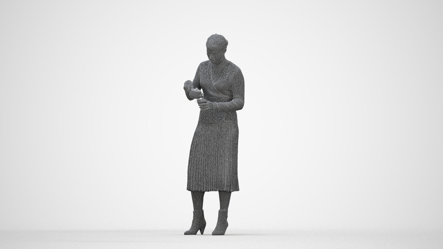 realistic 3D woman casual standing, scanned archviz people for Blender and 3ds Max, wireframe back view