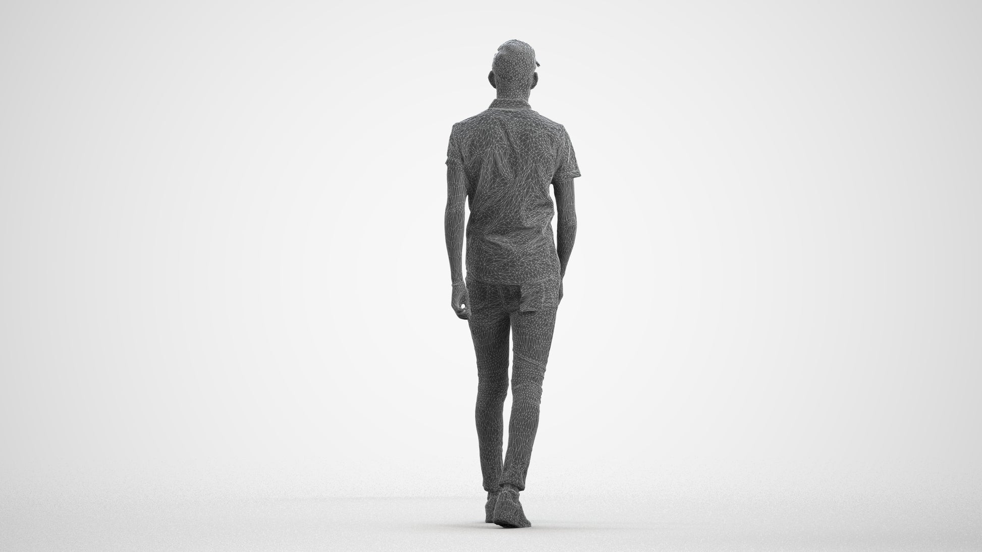 realistic 3D man casual walking, scanned archviz people for Blender and 3ds Max, wireframe front view