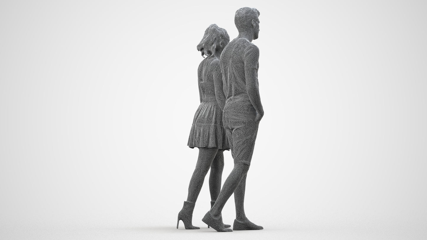 scanned 3D woman casual couple, photogrammetry people for Enscape and V-Ray, wireframe side view