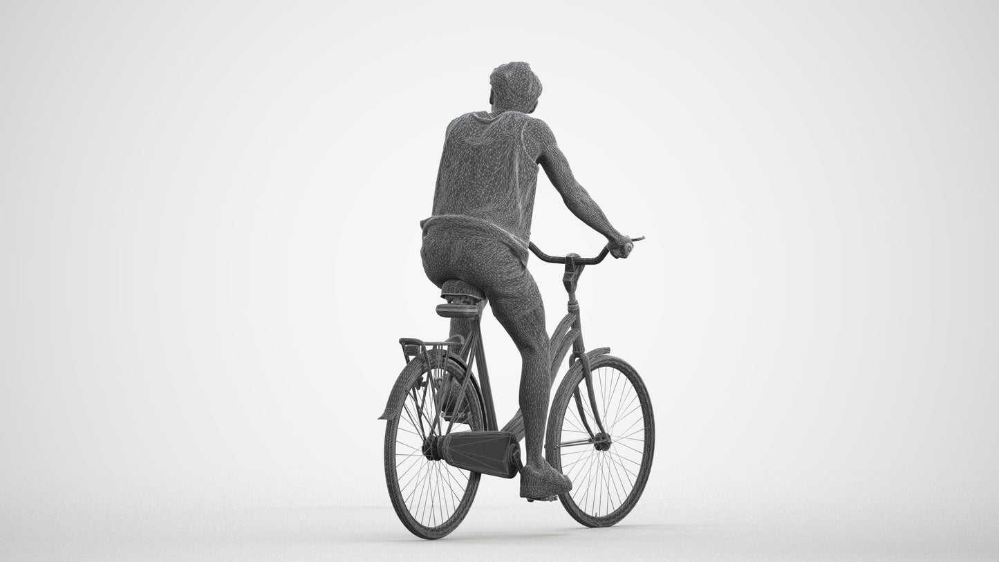 3D scanned man cycling, photorealistic archviz people for Enscape and SketchUp, wireframe front view