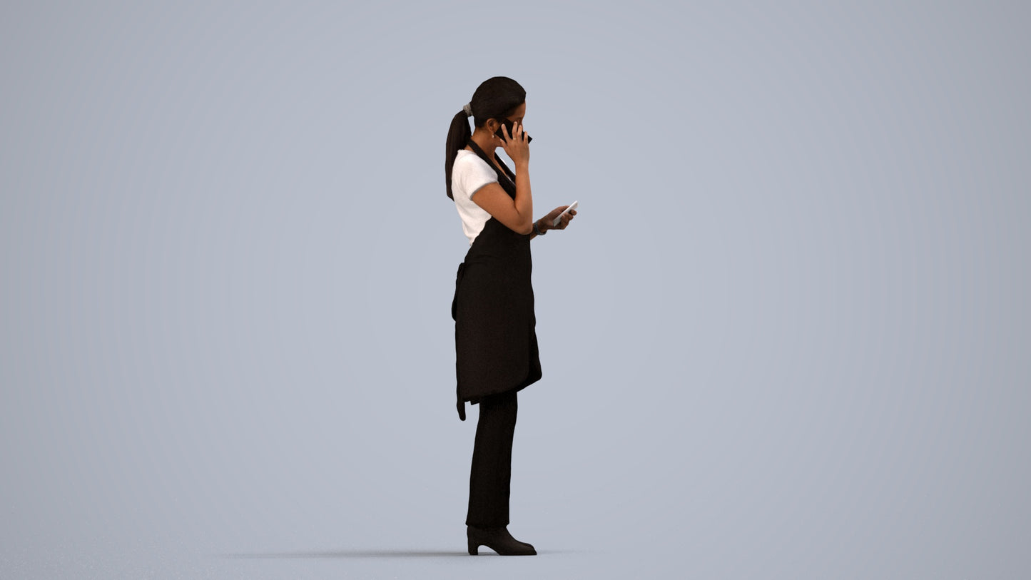 realistic 3D woman hospitality, scanned archviz people for Blender and 3ds Max, side view render