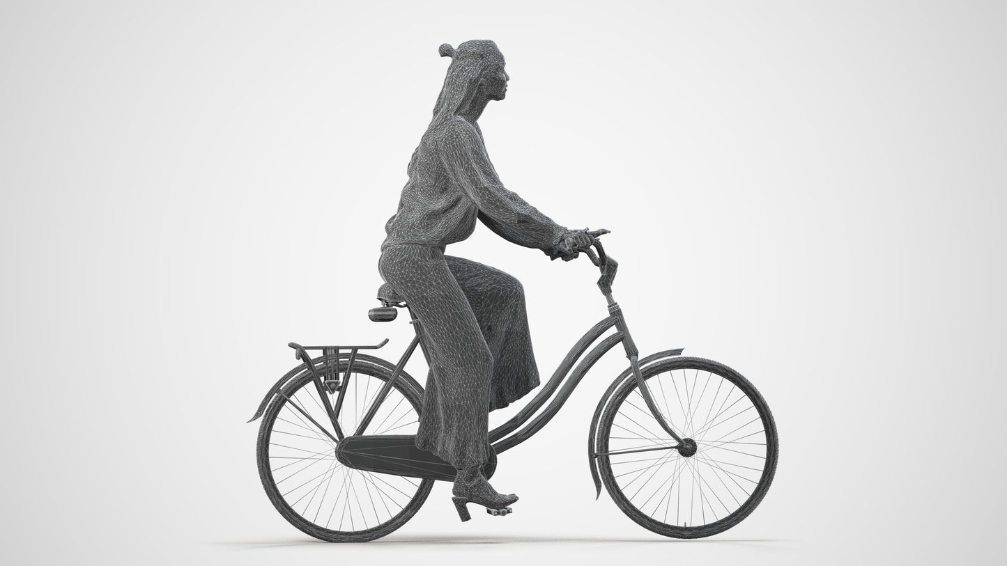 3D human model woman casual cycling, photogrammetry scanned person for archviz, wireframe side view