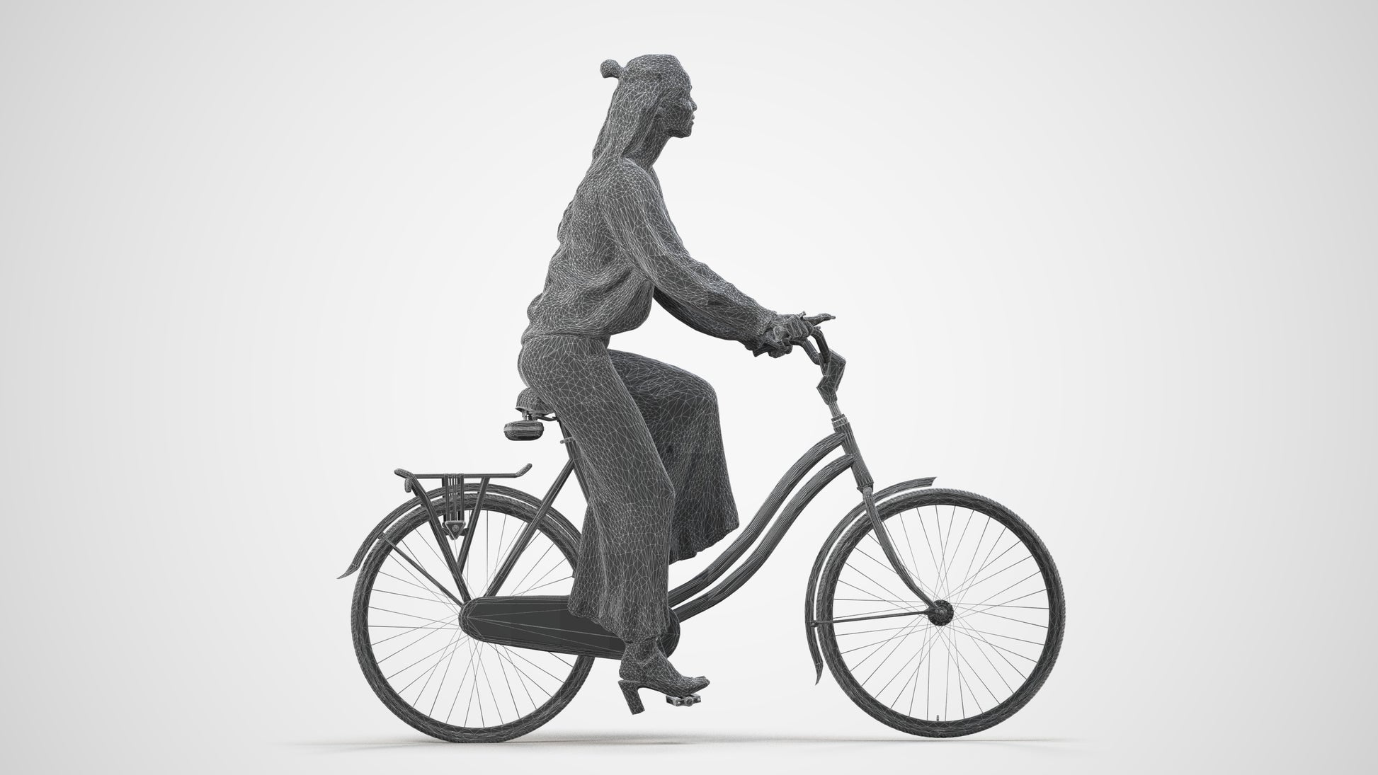 3D human model woman casual cycling, photogrammetry scanned person for archviz, wireframe side view