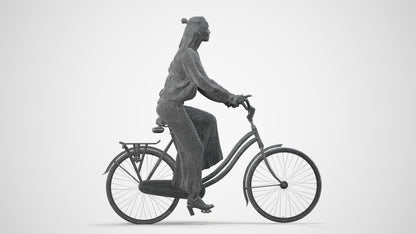 3D human model woman casual cycling, photogrammetry scanned person for archviz, wireframe side view