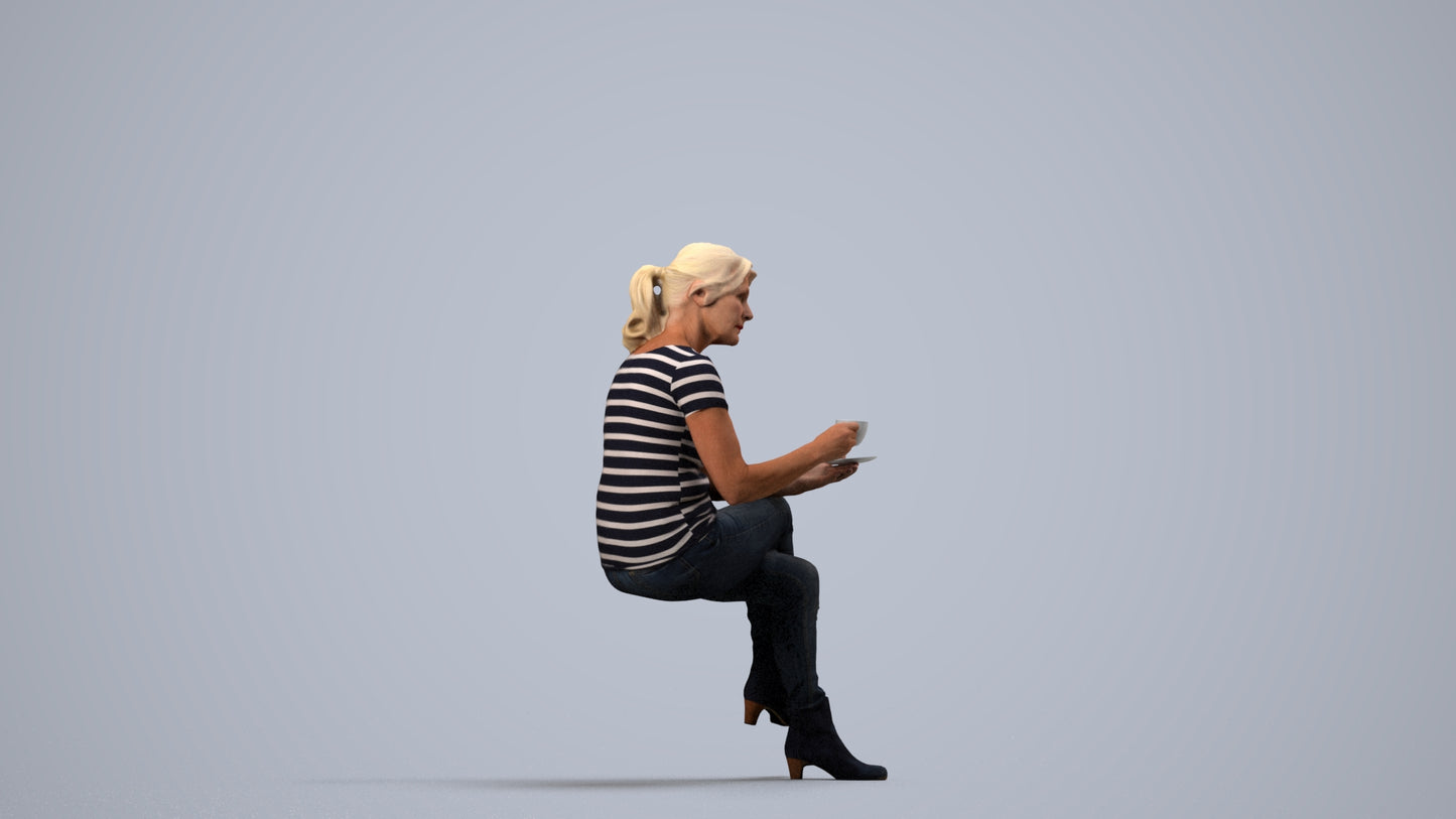 3D scanned senior woman sitting casual, photorealistic archviz people for Enscape and SketchUp, side view render