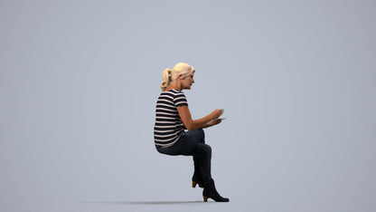 3D scanned senior woman sitting casual, photorealistic archviz people for Enscape and SketchUp, side view render
