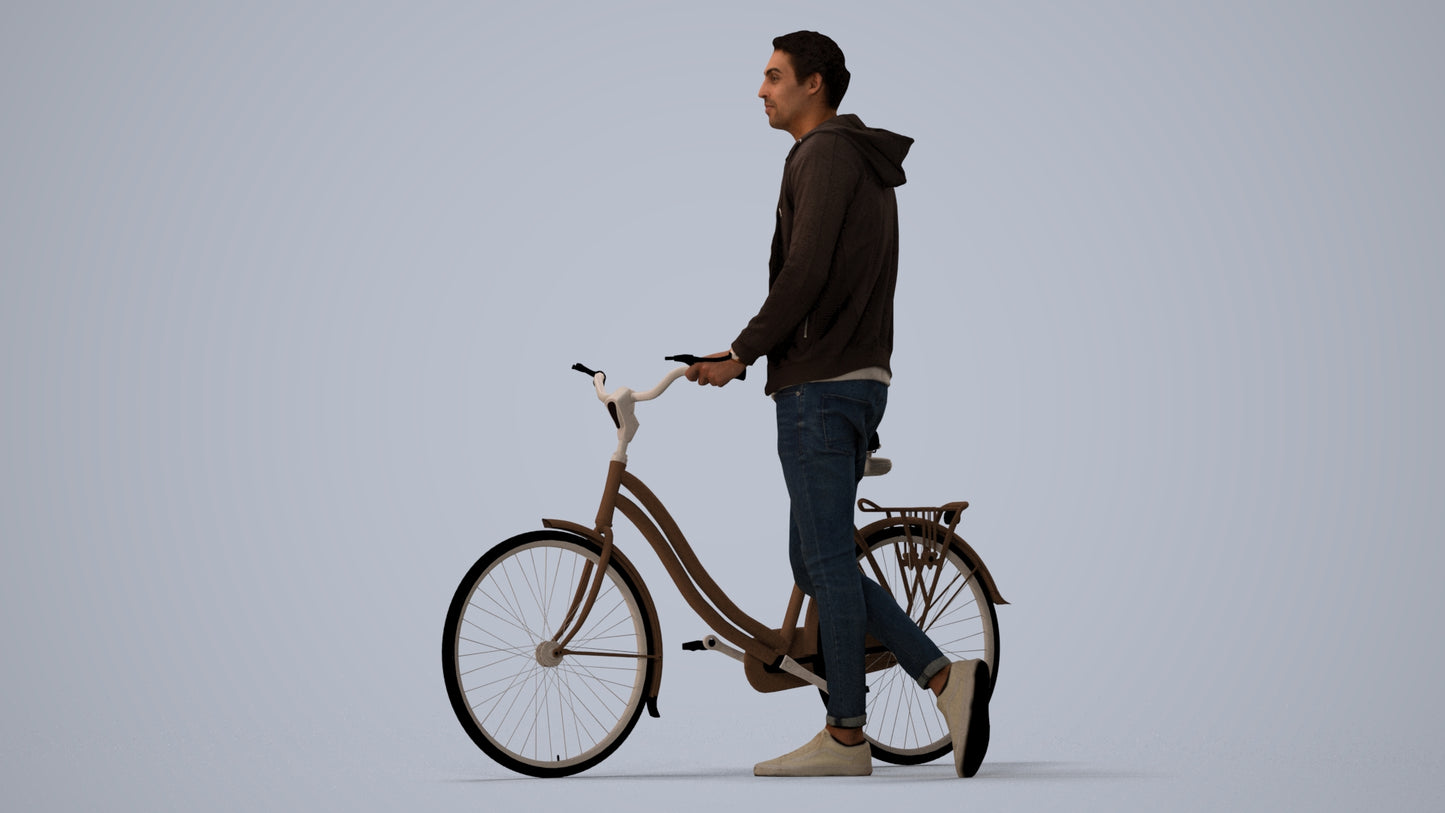 scanned 3D man casual cycling, photogrammetry people for Enscape and V-Ray, three-quarter view render