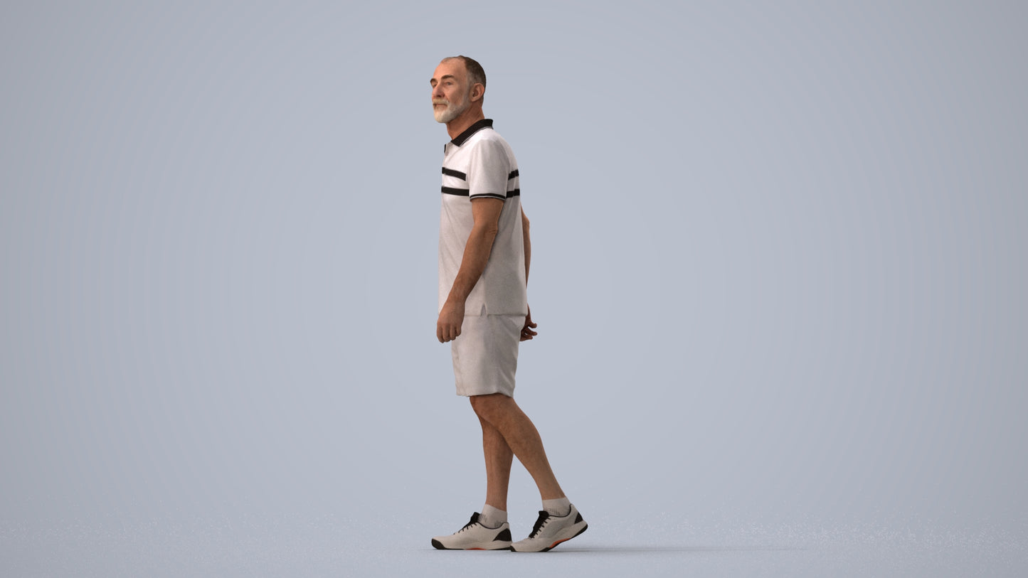 3D human model senior man sport, photogrammetry scanned person for archviz, three-quarter view render