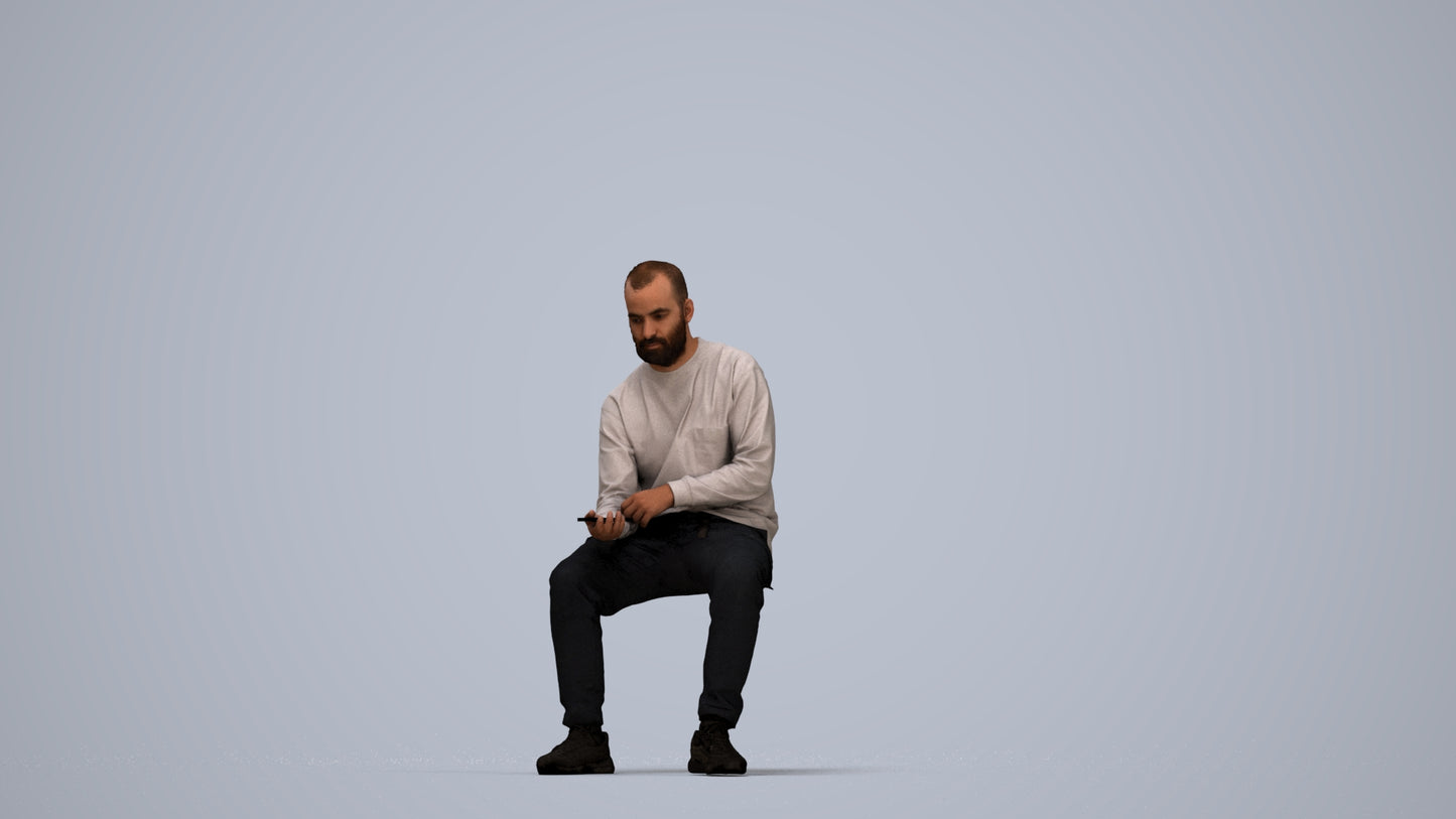 3D people model man casual sitting, scanned human for 3ds Max rendering, top-down view render