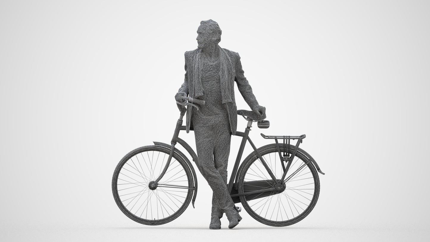 3D human model man business cycling, photogrammetry scanned person for archviz, wireframe back view
