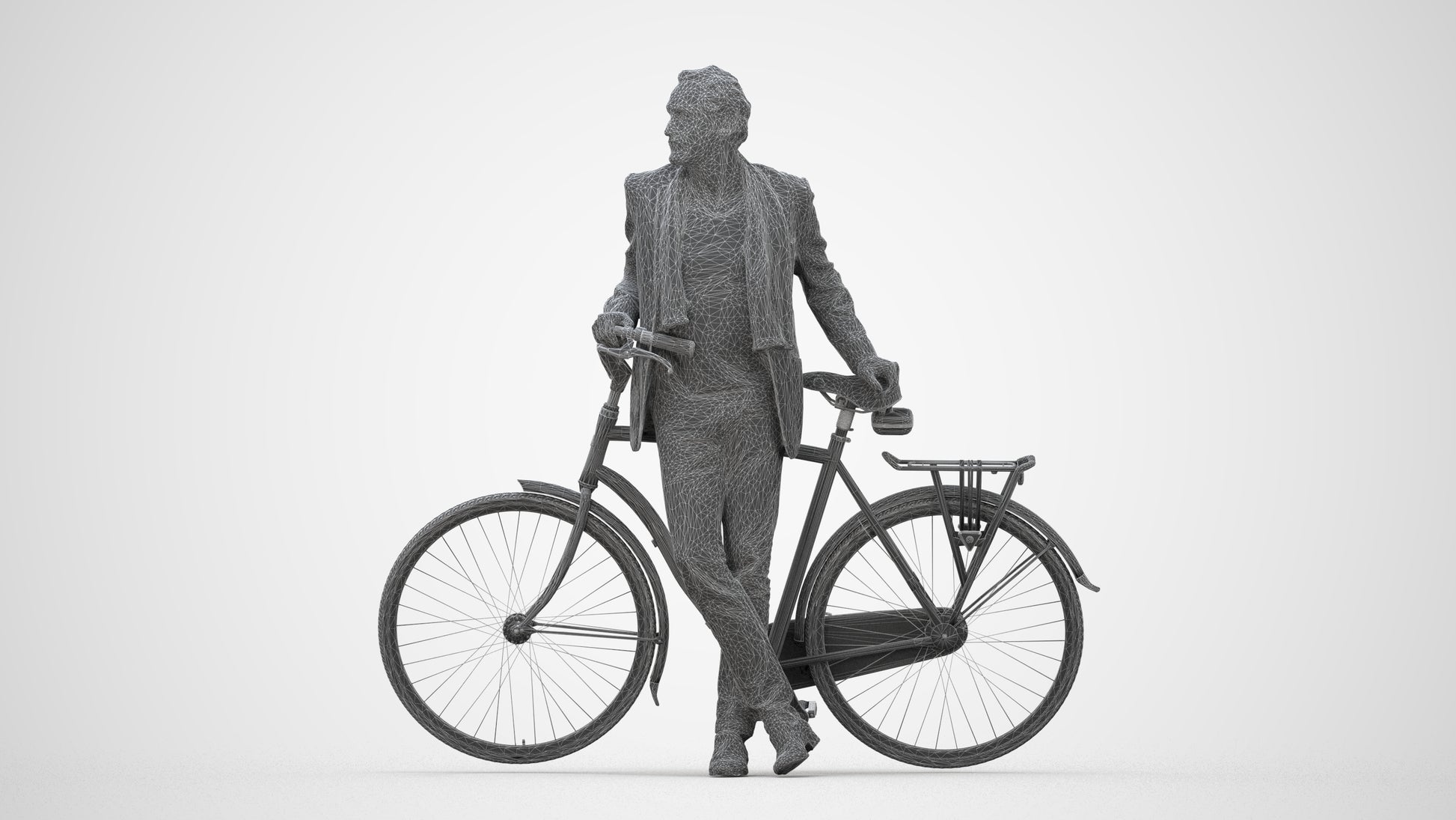 3D human model man business cycling, photogrammetry scanned person for archviz, wireframe back view