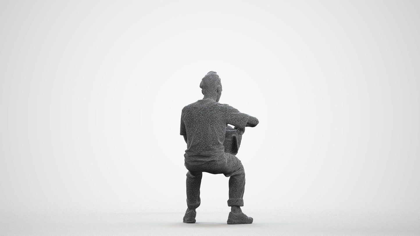 3D human model man casual sitting, photogrammetry scanned person for archviz, wireframe front view