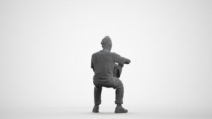 3D human model man casual sitting, photogrammetry scanned person for archviz, wireframe front view