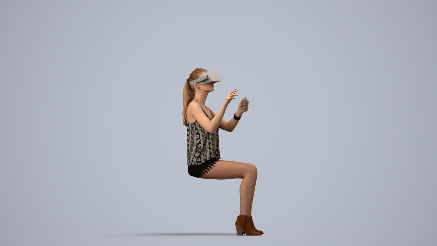 3D human model girl casual sitting, photogrammetry scanned person for archviz, side view render