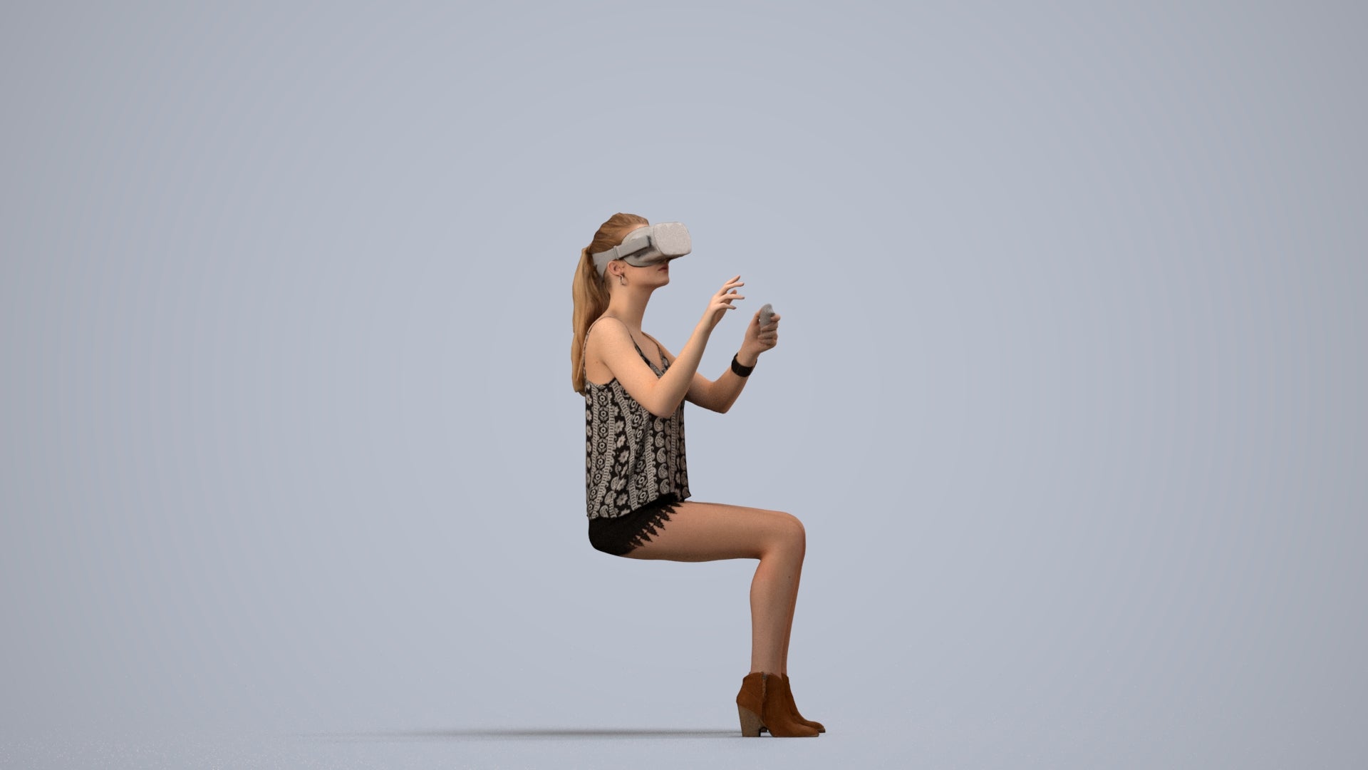 3D human model girl casual sitting, photogrammetry scanned person for archviz, side view render