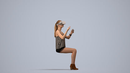 3D human model girl casual sitting, photogrammetry scanned person for archviz, side view render