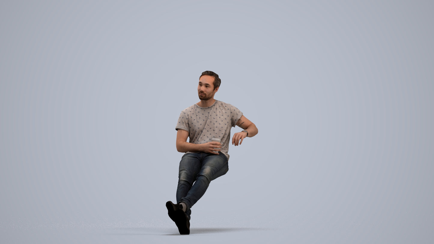 3D people model man casual sitting, scanned human for 3ds Max rendering, standing pose render