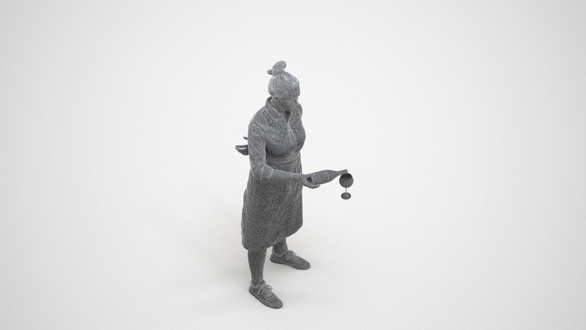scanned 3D woman casual hospitality, photogrammetry people for Enscape and V-Ray, wireframe three-quarter view