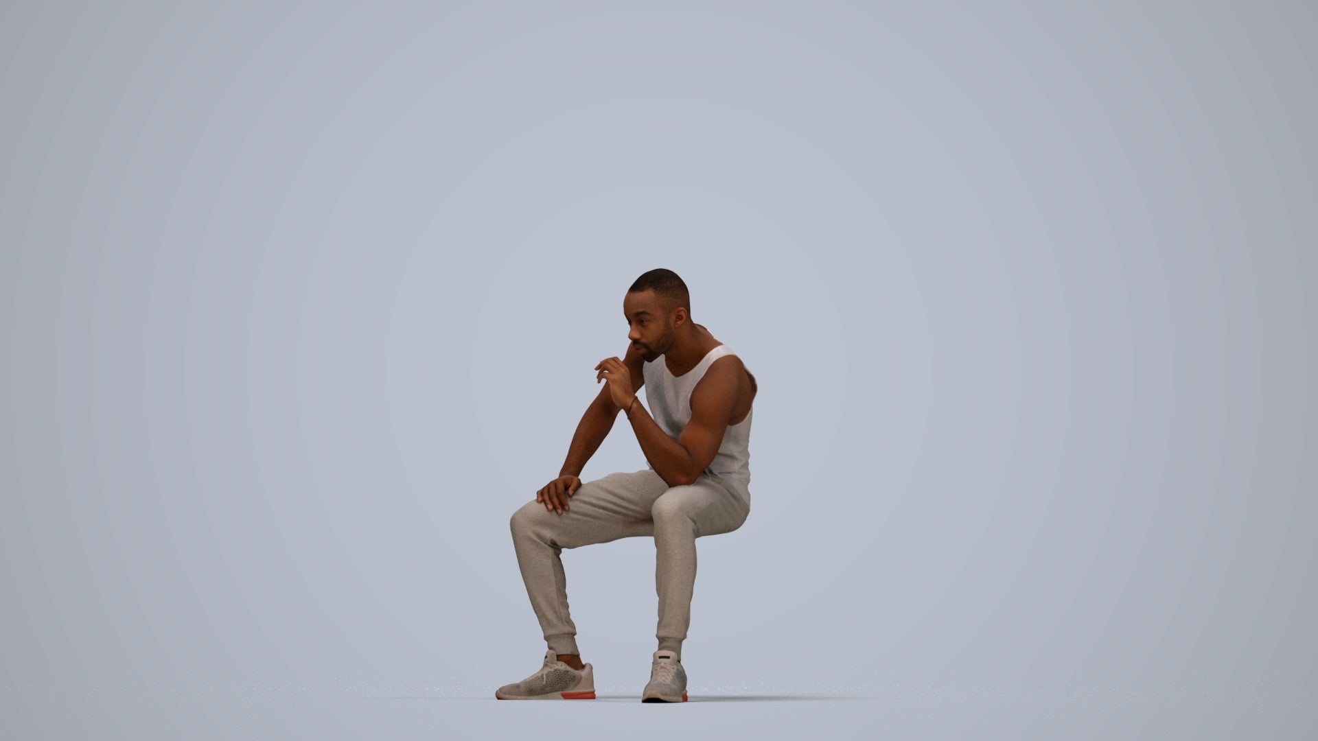 3D human model man casual sitting, photogrammetry scanned person for archviz, top-down view render