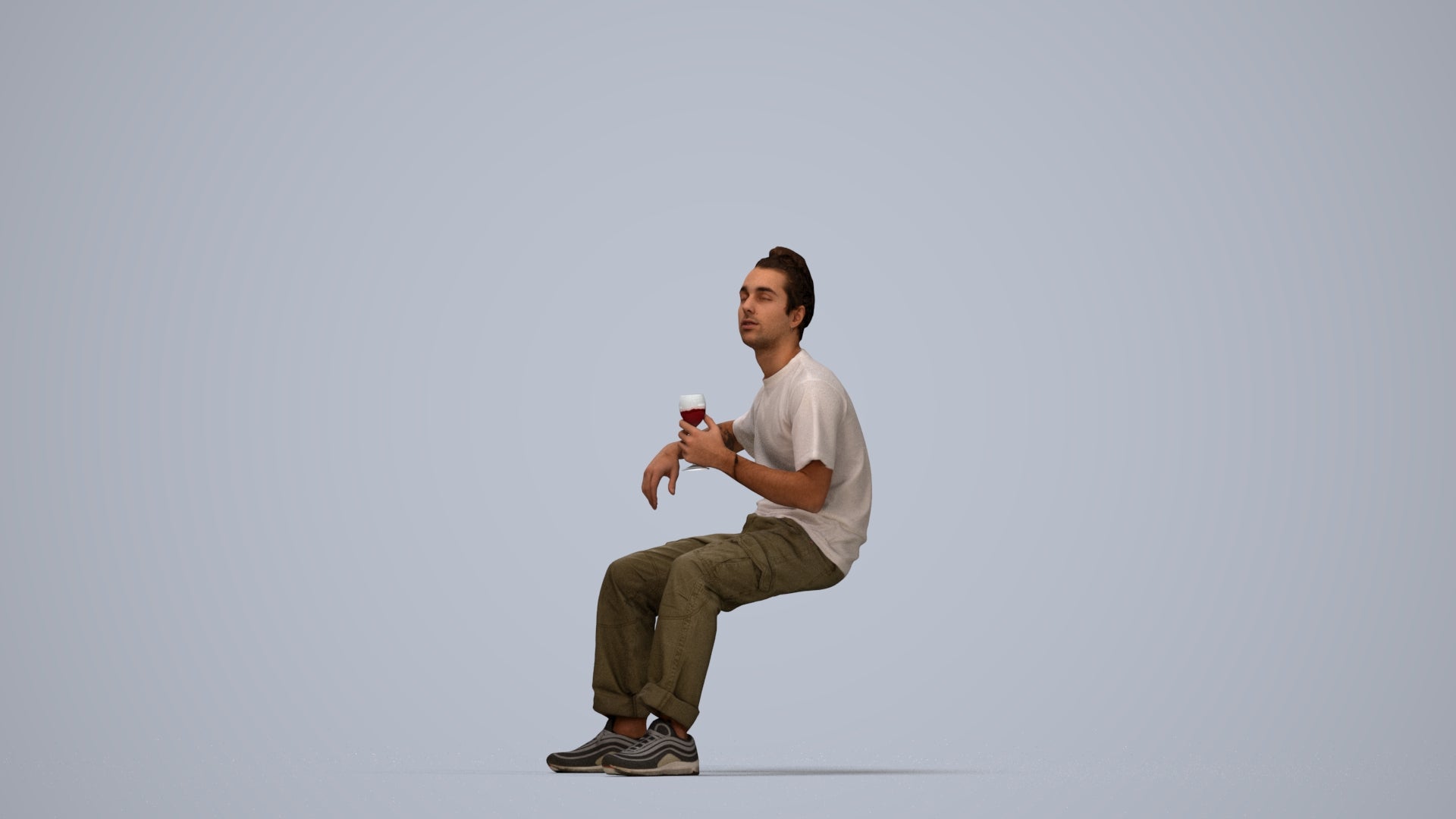 3D human model man casual sitting, photogrammetry scanned person for archviz, top-down view render