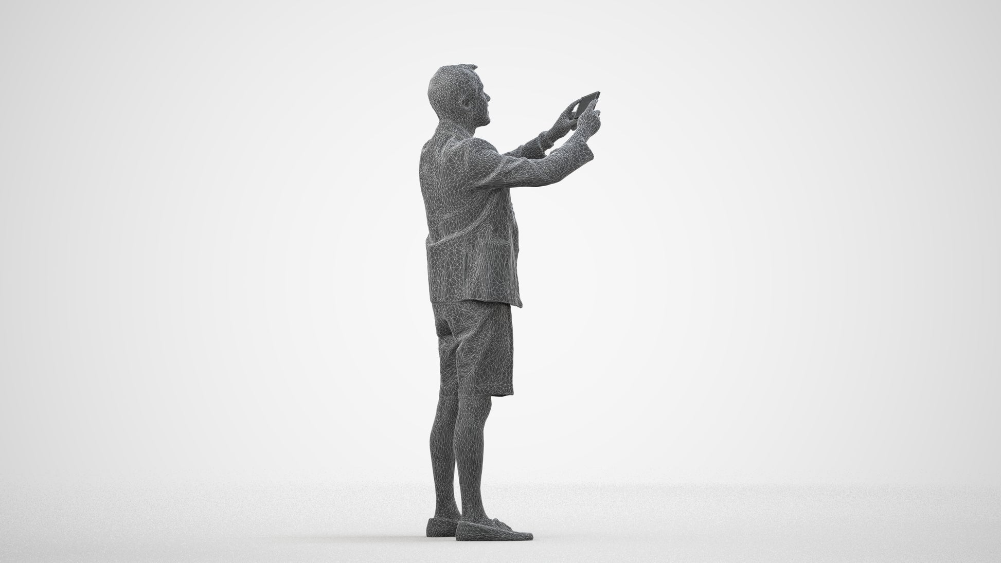 3D scanned man standing business, photorealistic archviz people for Enscape and SketchUp, wireframe side view