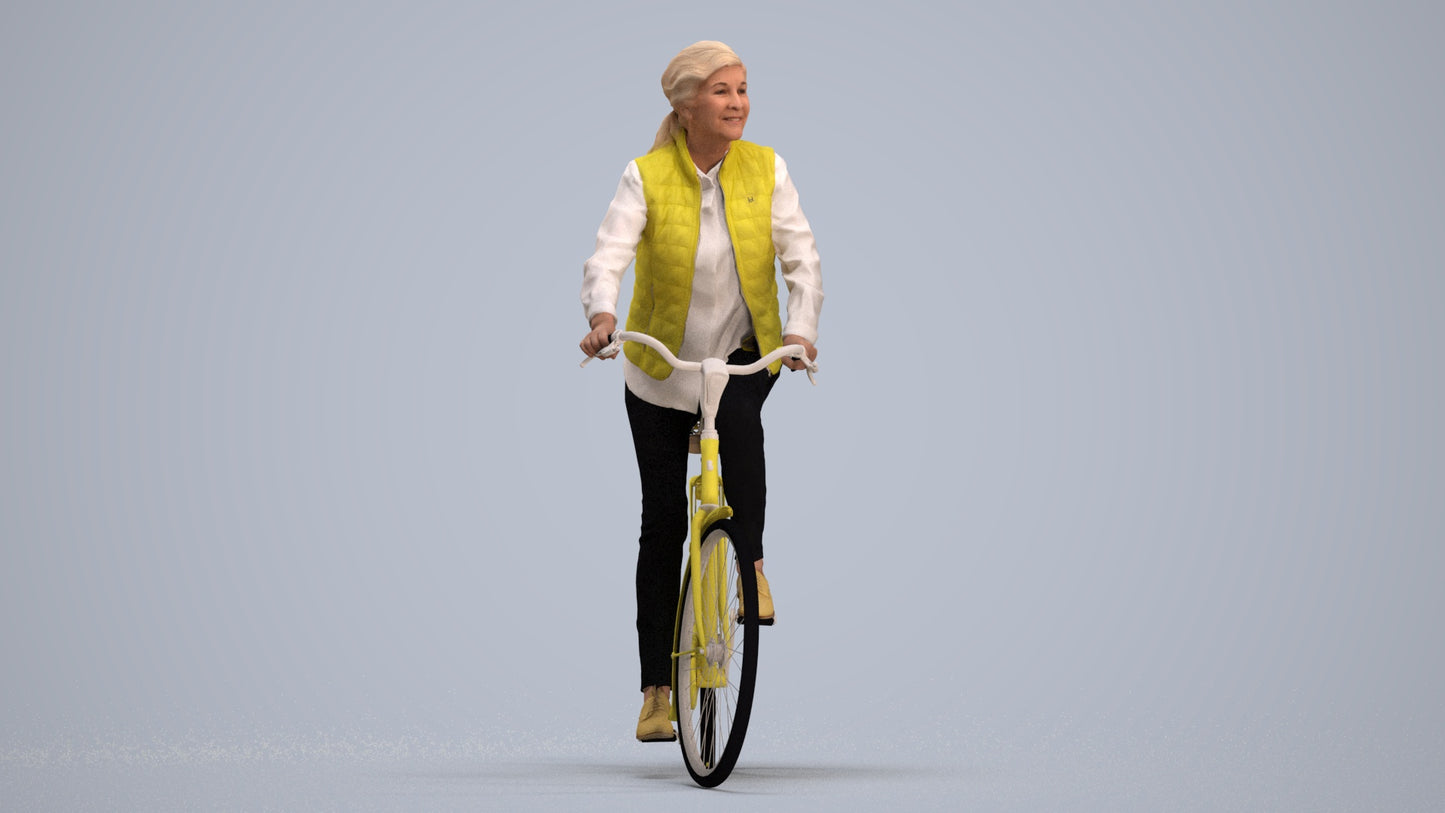 3D human model senior woman casual cycling, photogrammetry scanned person for archviz, standing pose render
