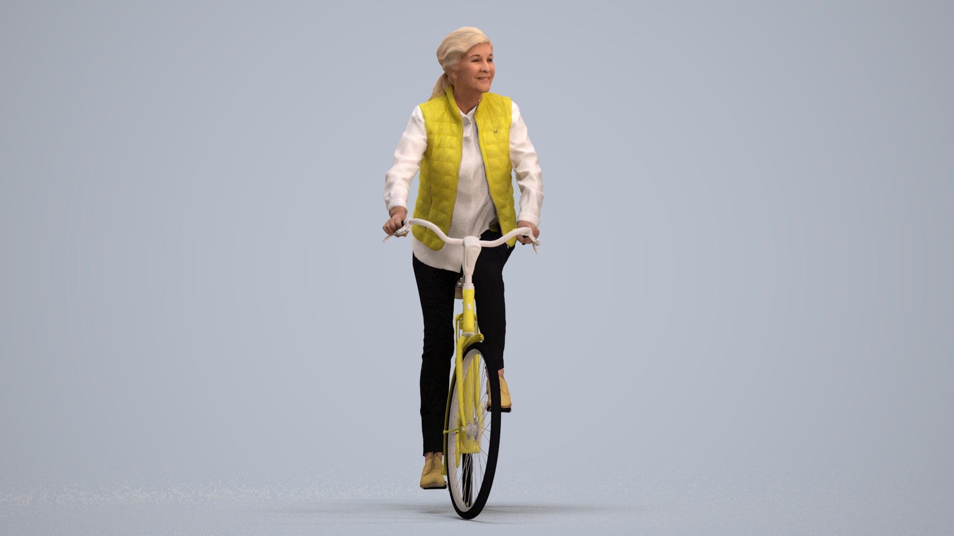 3D human model senior woman casual cycling, photogrammetry scanned person for archviz, standing pose render