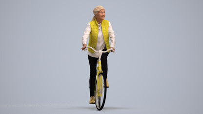 3D human model senior woman casual cycling, photogrammetry scanned person for archviz, standing pose render