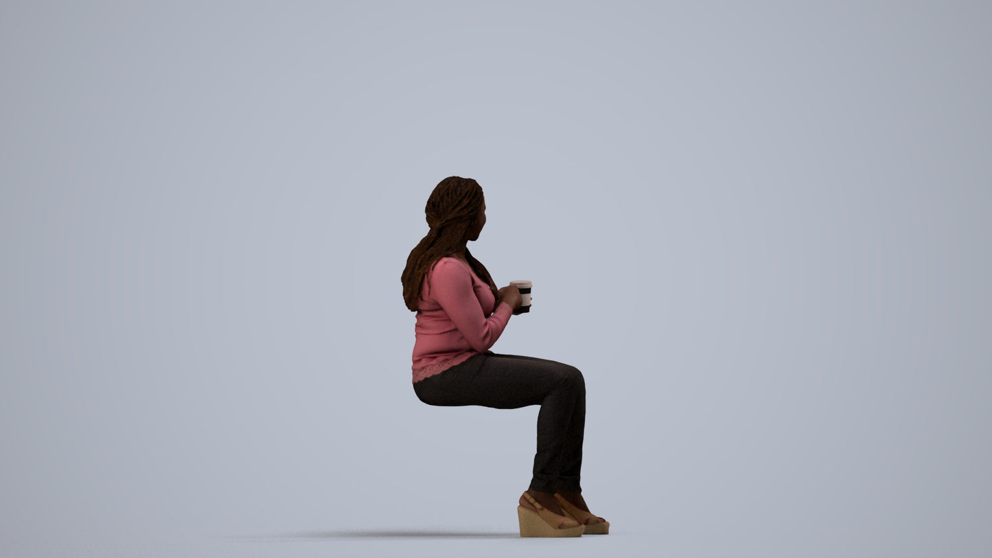 realistic 3D woman casual sitting, scanned archviz people for Blender and 3ds Max, side view render