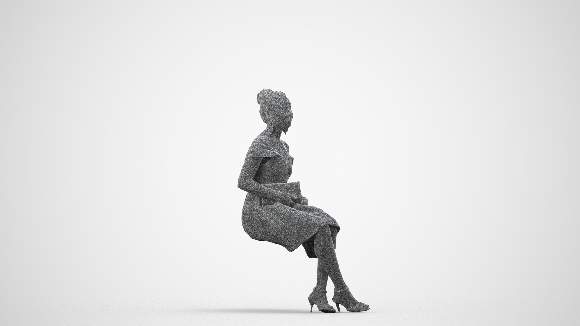 3D human model woman formal, photogrammetry scanned person for archviz, wireframe side view