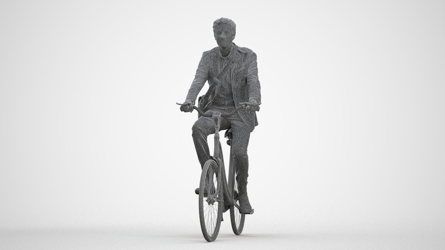 3D human model man business cycling, photogrammetry scanned person for archviz, three-quarter front view render