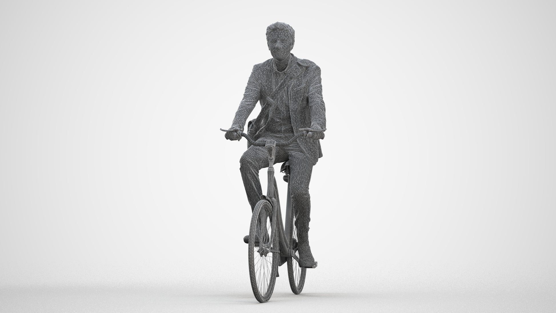 3D human model man business cycling, photogrammetry scanned person for archviz, three-quarter front view render
