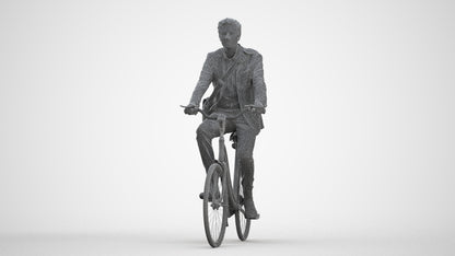 3D human model man business cycling, photogrammetry scanned person for archviz, three-quarter front view render