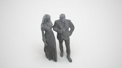 3D human model woman formal couple, photogrammetry scanned person for archviz, wireframe three-quarter view