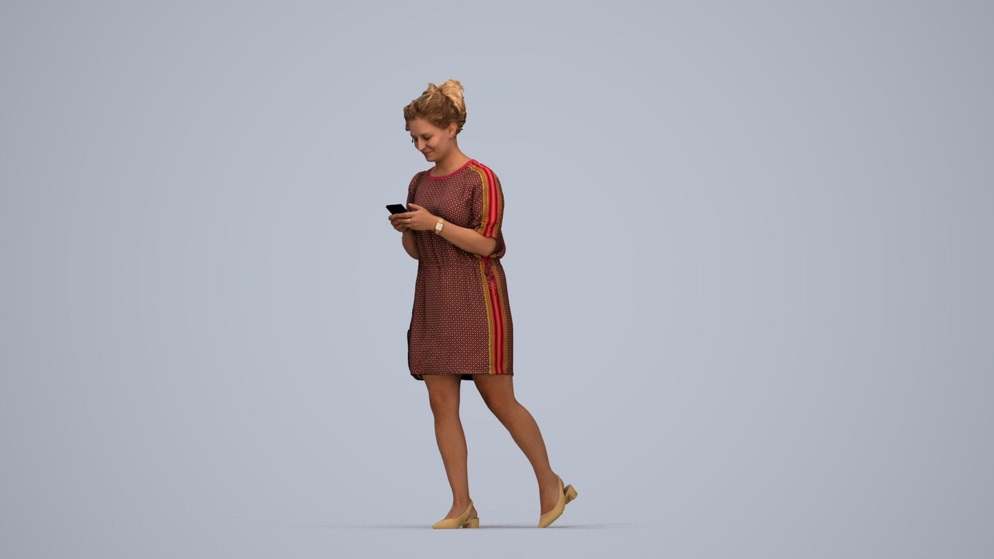 realistic 3D human woman casual walking, archviz people FBX OBJ for Blender, top-down view render