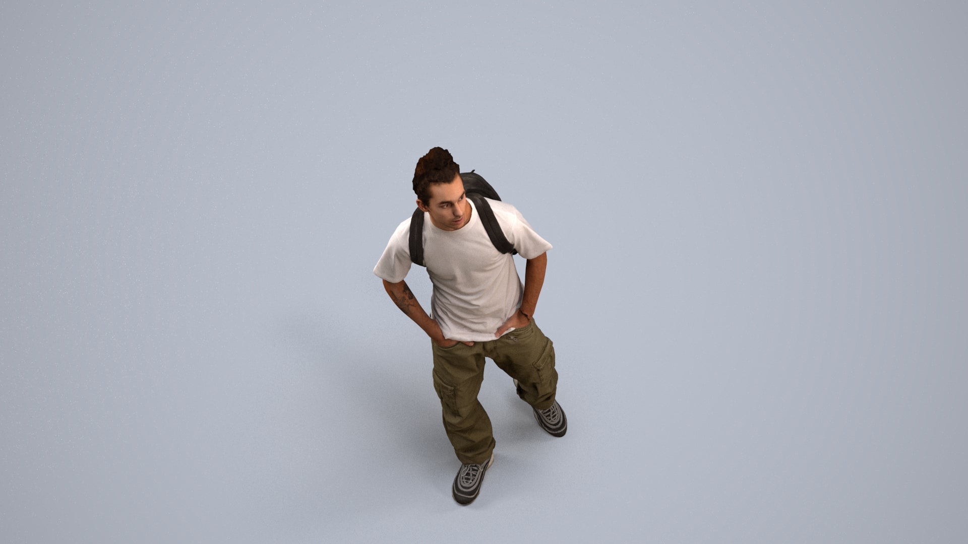 3D human model man casual walking, photogrammetry scanned person for archviz, back view render