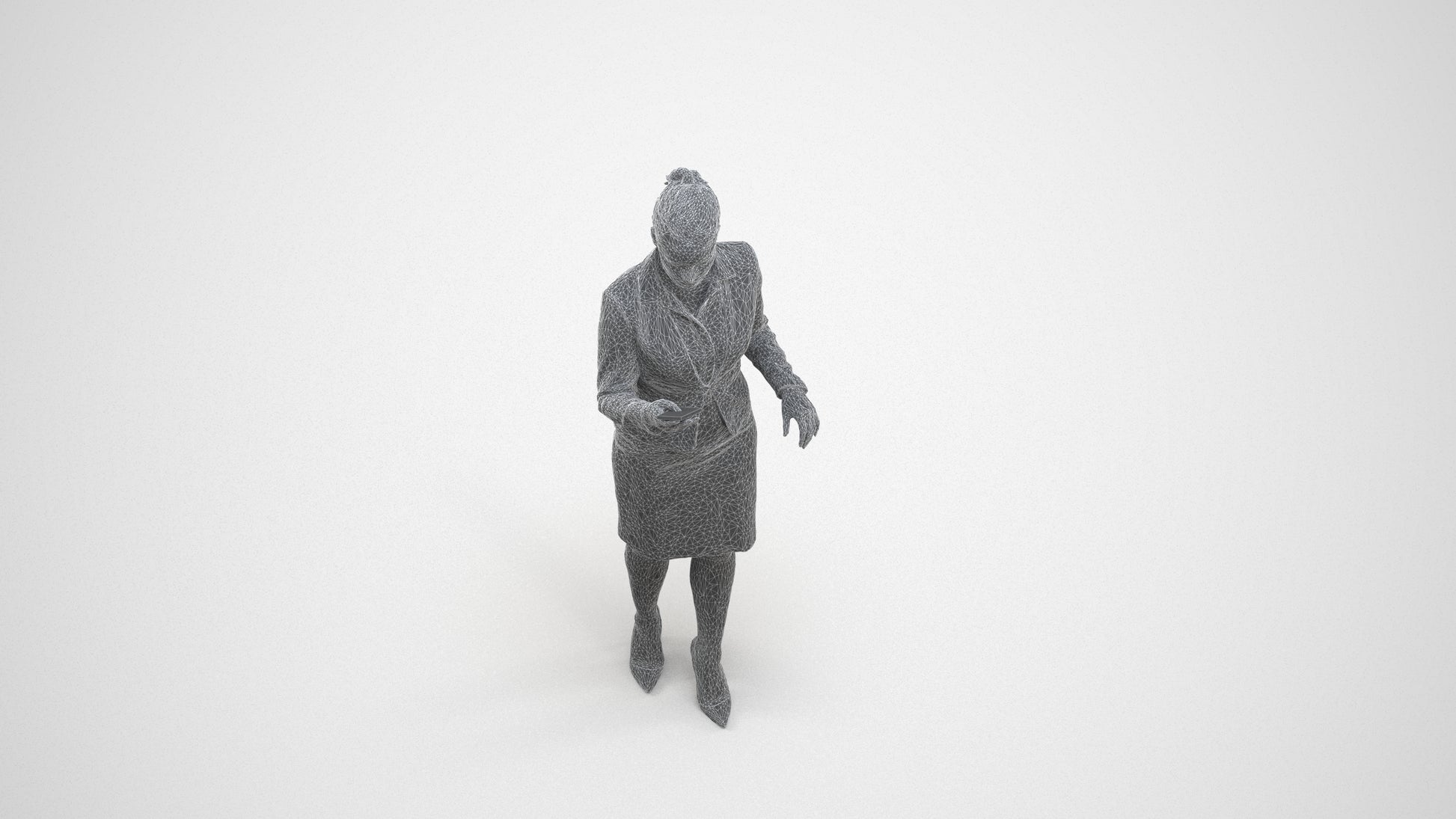 realistic 3D people woman business standing, render-ready for V-Ray and Corona, FBX OBJ, wireframe three-quarter view