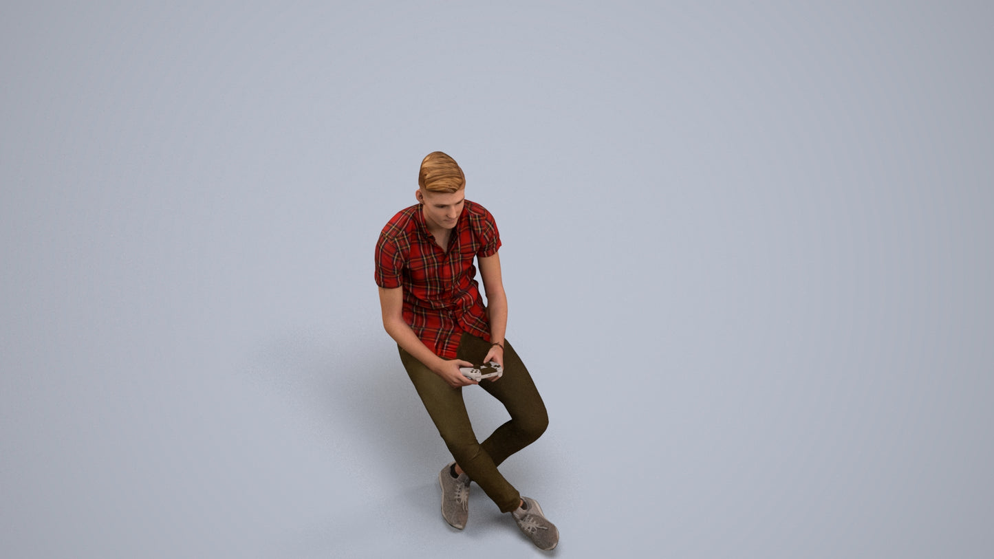 realistic 3D human man casual sitting, archviz people FBX OBJ for Blender, back view render