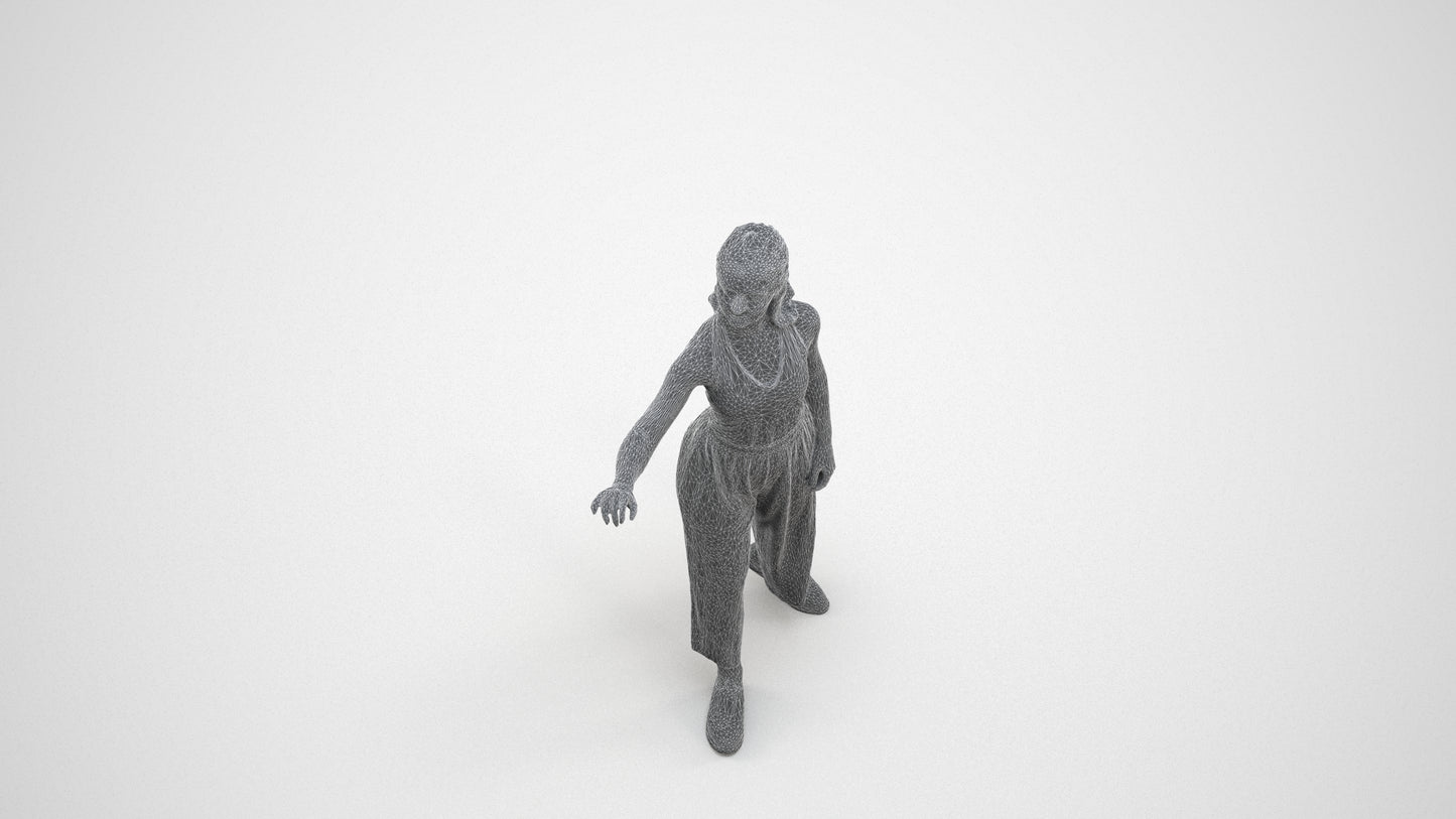 3D human model girl casual door, photogrammetry scanned person for archviz, wireframe three-quarter view