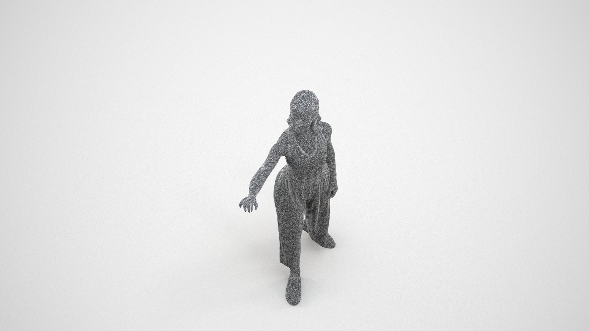 3D human model girl casual door, photogrammetry scanned person for archviz, wireframe three-quarter view