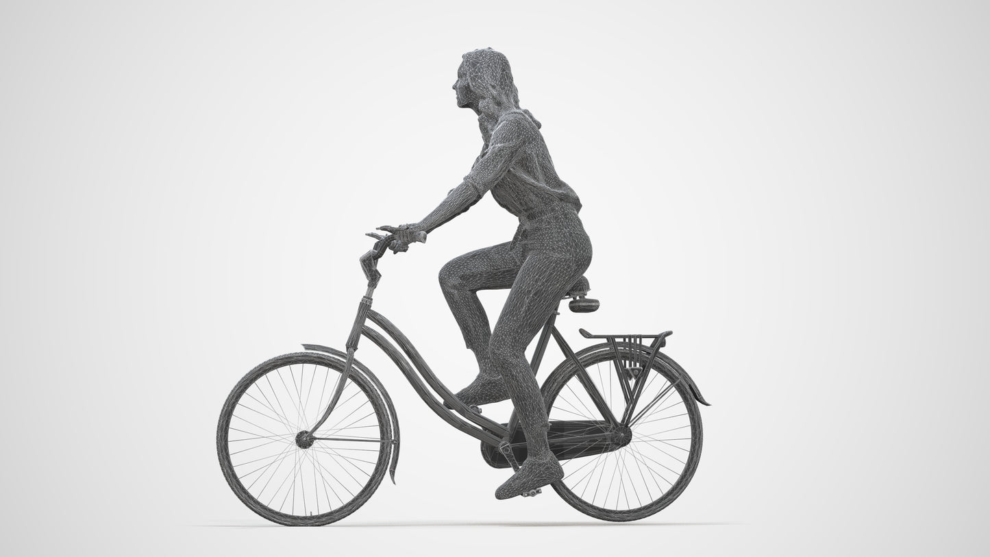 realistic 3D people woman casual cycling, render-ready for V-Ray and Corona, FBX OBJ, wireframe back view