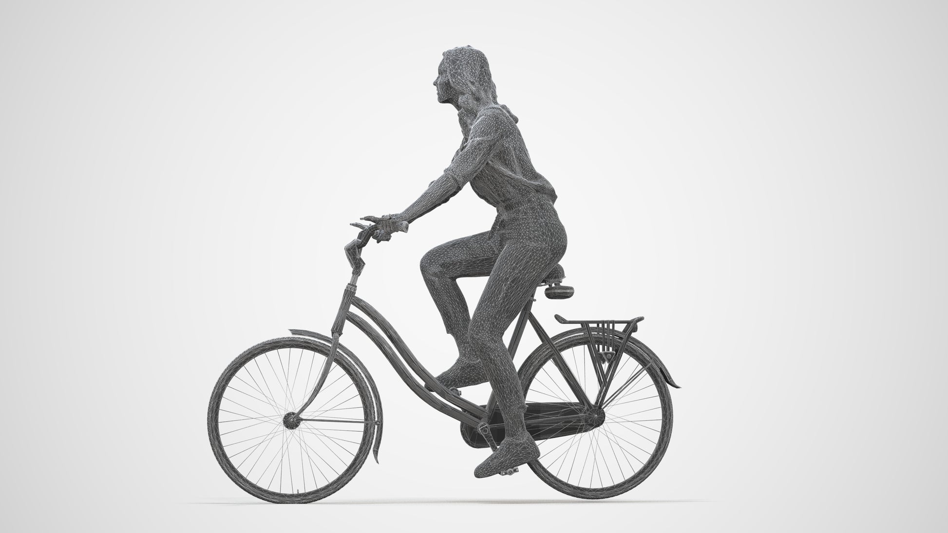 realistic 3D people woman casual cycling, render-ready for V-Ray and Corona, FBX OBJ, wireframe back view
