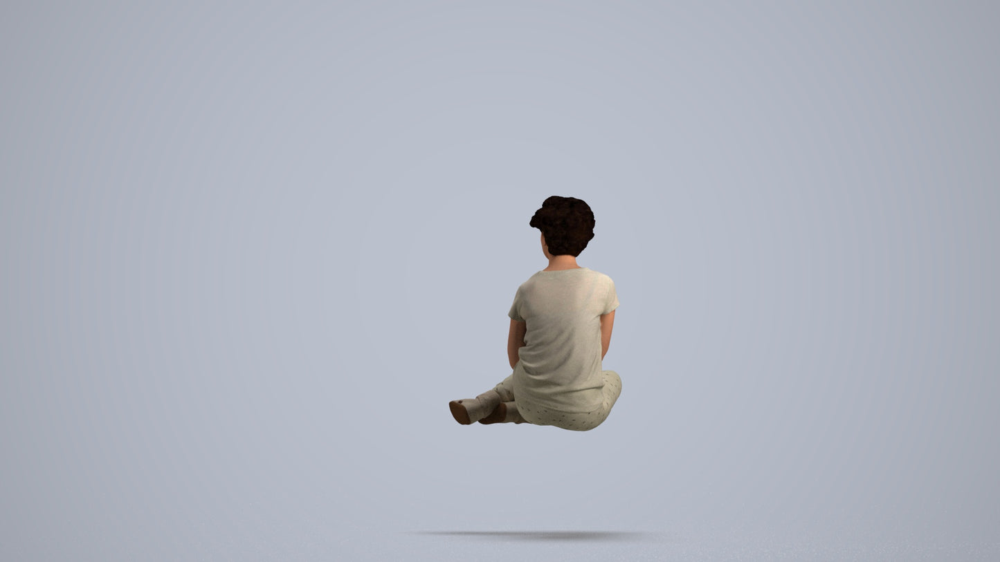 3D human model woman casual sitting, photogrammetry scanned person for archviz, front view render