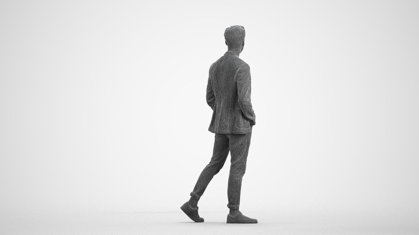3D scanned man walking business, photorealistic archviz people for Enscape and SketchUp, wireframe front view
