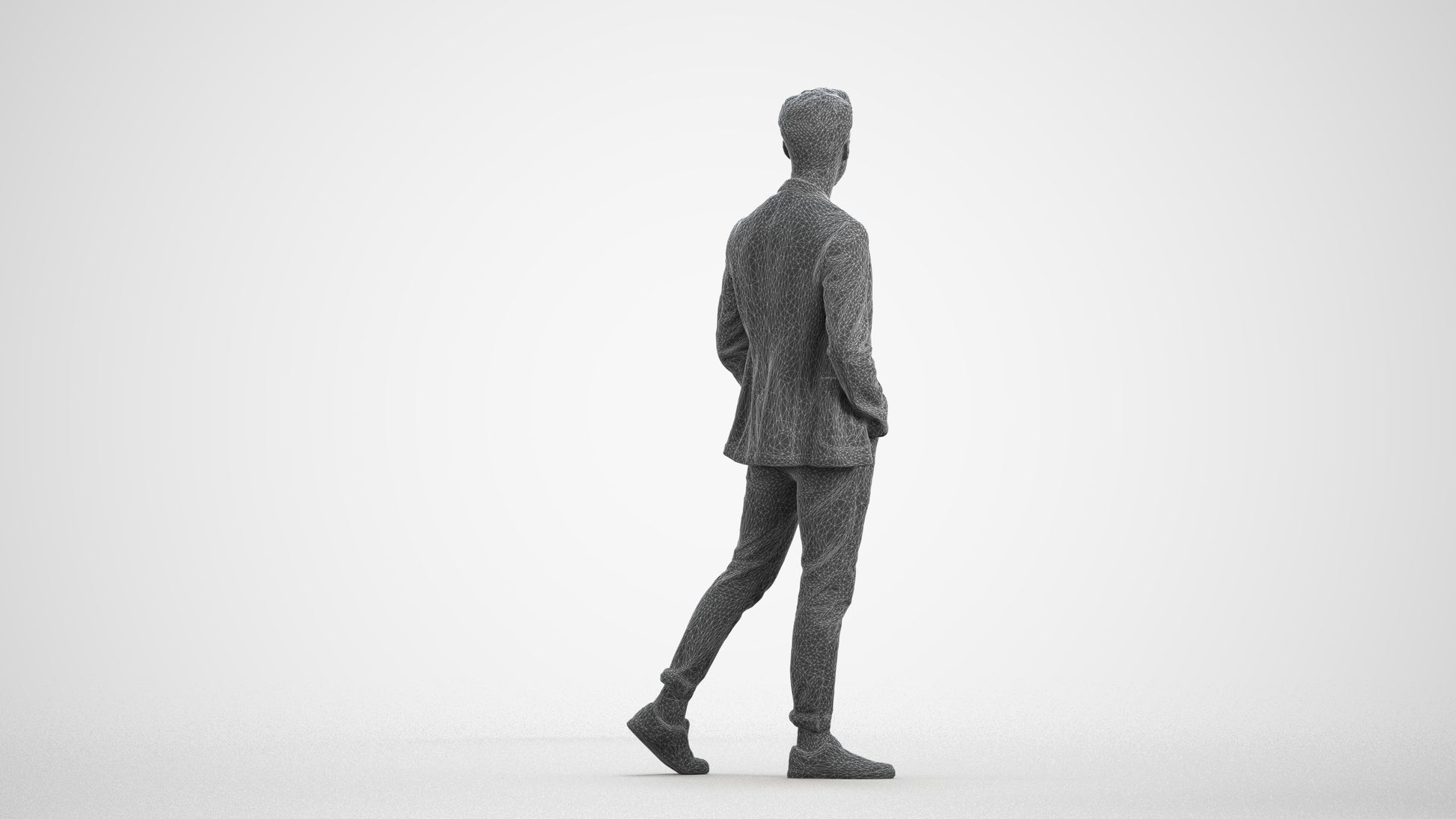 3D scanned man walking business, photorealistic archviz people for Enscape and SketchUp, wireframe front view