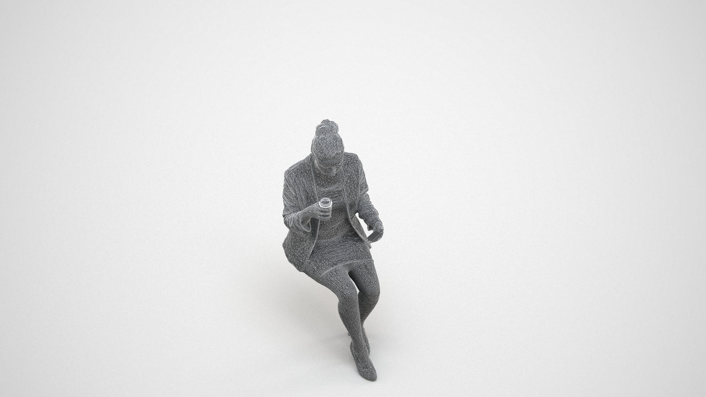3D human model woman business, photogrammetry scanned person for archviz, wireframe three-quarter view