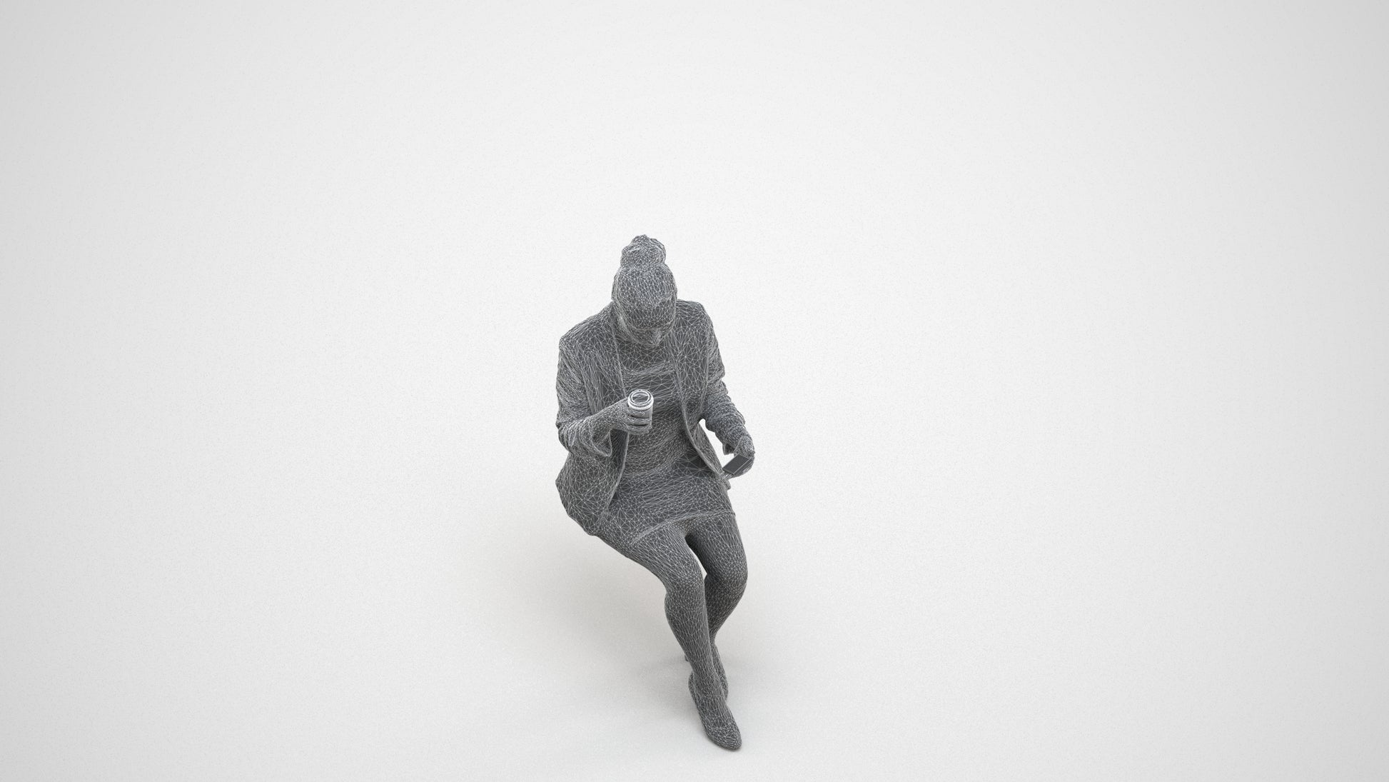 3D human model woman business, photogrammetry scanned person for archviz, wireframe three-quarter view