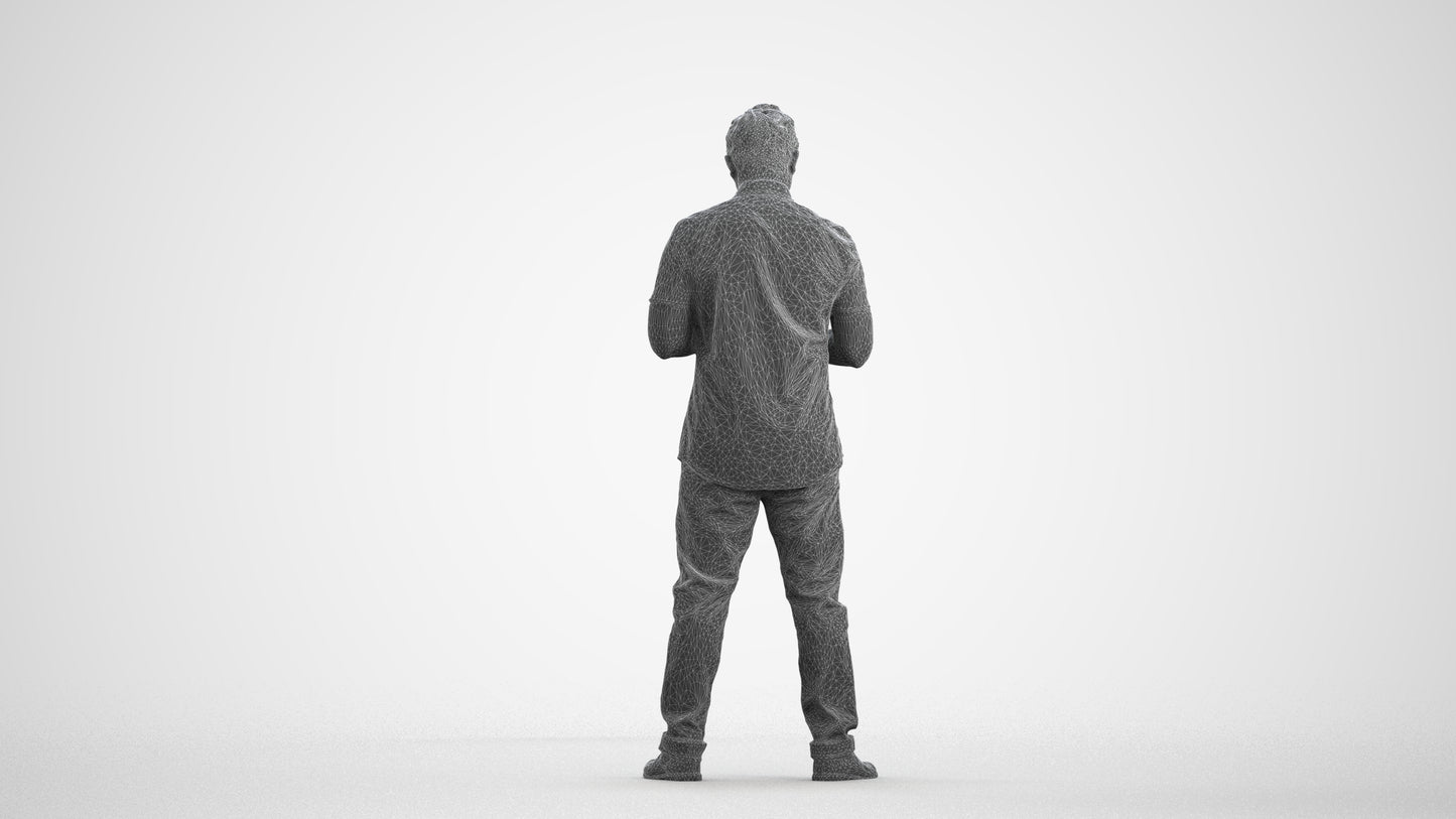 3D people model man casual standing, scanned human for 3ds Max rendering, wireframe front view